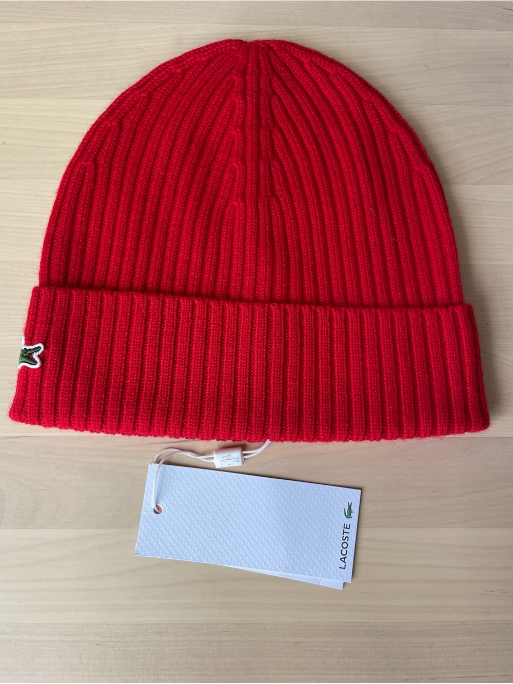 Lacoste Wool Ribbed Beanie Red Crocodile Logo NWT